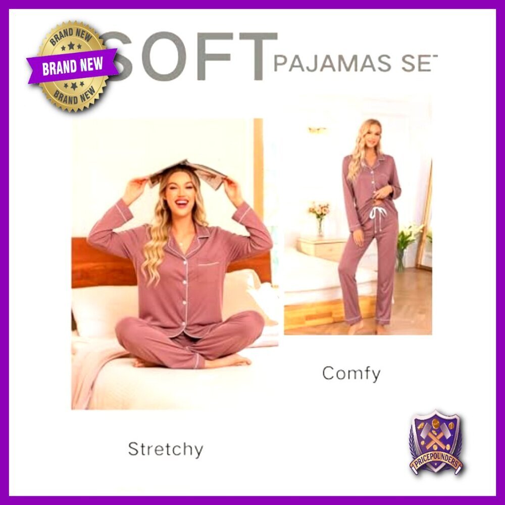 Soft Long Sleeve Pajama Set Button Down Top Drawstring Waist S-XXL - Picture 3 of 7